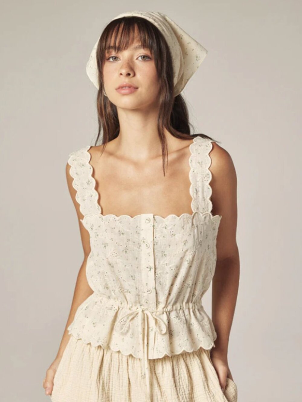 Scallop Lace Tie Top with Bandana ~ Cream / Sage